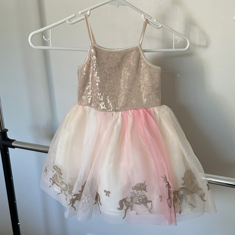 Girls Pink and Gold Sequin Unicorn Tulle Dress